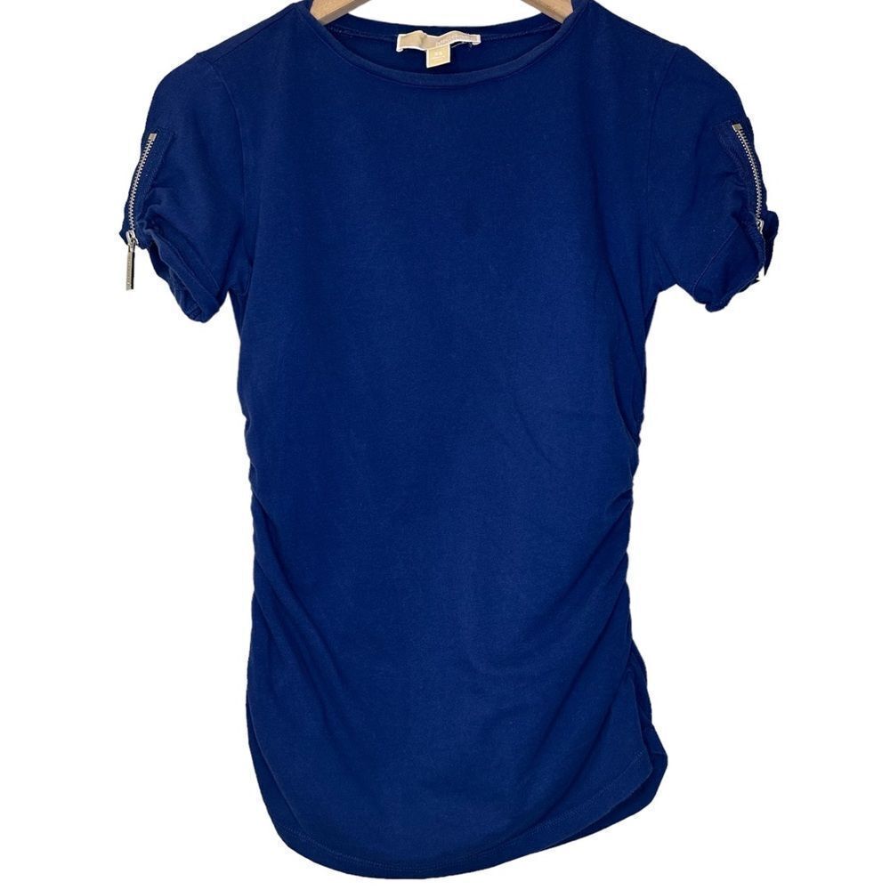Michael Kors Blue Top Ruched Sides Zipped Shoulder Details XS